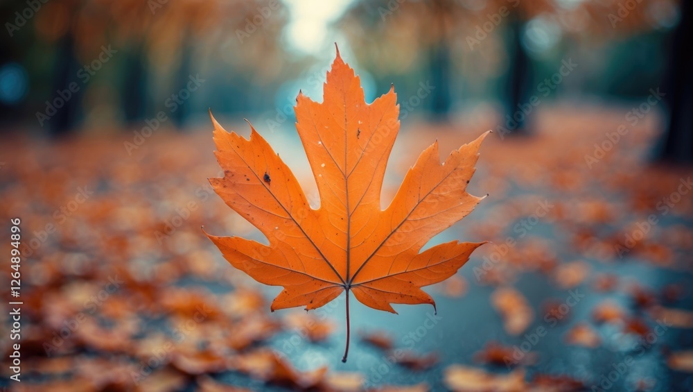 Poster close-up of an orange maple leaf on a wet surface with blurred autumn scenery in the background copy