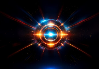 Fototapeta premium Abstract digital art showcases a central luminous orb emitting bright blue and orange rays against a dark background, creating a futuristic, energetic design.