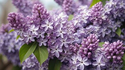 Obraz premium Purple lilac flowers in full bloom with rich details and lush green leaves outdoors displaying vibrant beauty and freshness. Copy Space