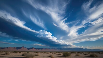 Wide view of dramatic clouds over desert landscape with distant mountains under blue sky with swirling cloud patterns and Copy Space.