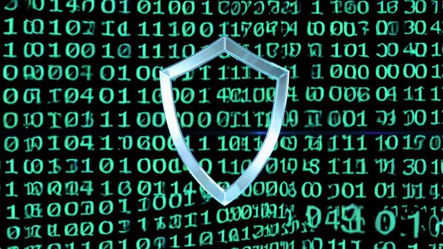 Cybersecurity awareness with digital shield and binary code background