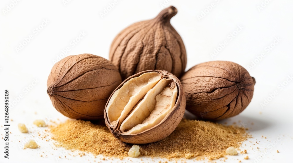 Aufkleber Walnuts in their shells with one walnut split open on a pile of brown sugar on a white background Copy Space