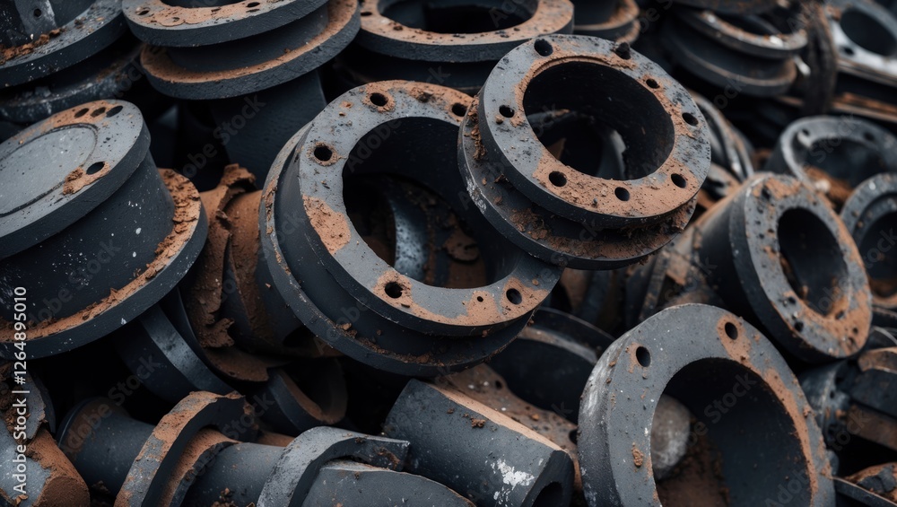 Poster rusty metal pipes and fittings stacked in a disorganized pile with dirt and corrosion visible on the
