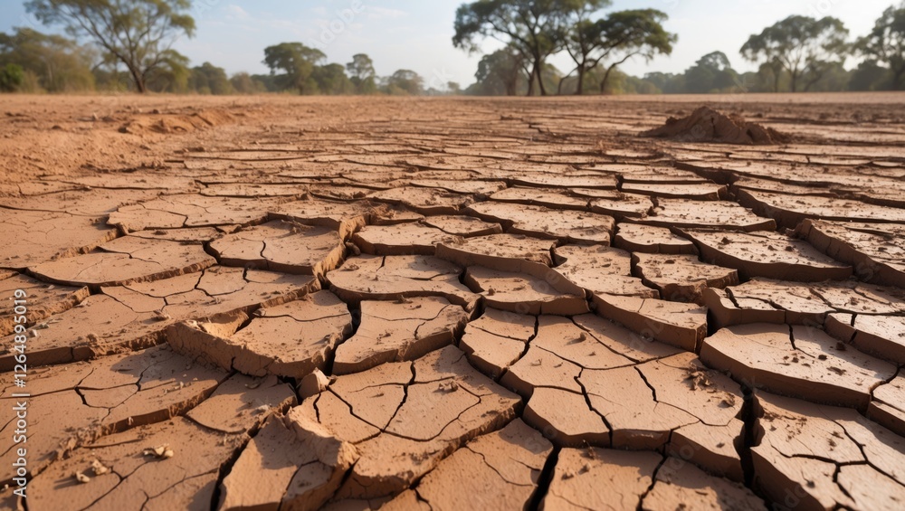 Poster barren cracked earth landscape with dry soil due to drought under clear sky and scattered trees in b