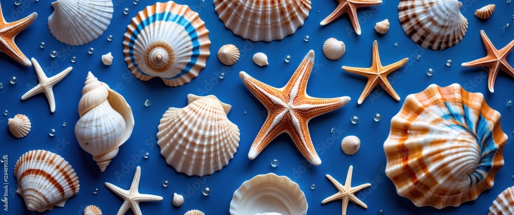 Poster assorted seashells and starfish arranged on a blue background with small water droplets scattered th