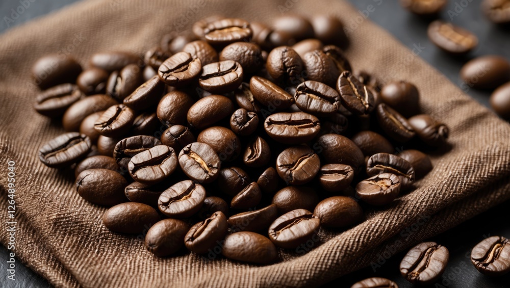 Poster coffee beans arranged on a brown cloth with scattered beans on a dark surface showcasing texture and