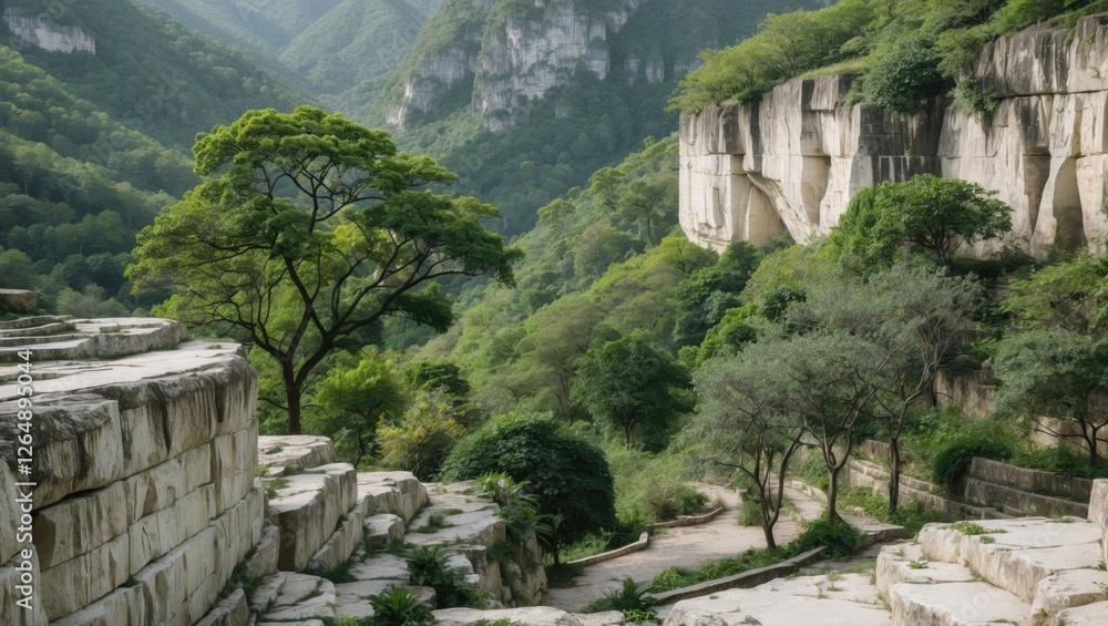 Poster lush green mountainous landscape with rock formations and a winding path surrounded by trees and veg