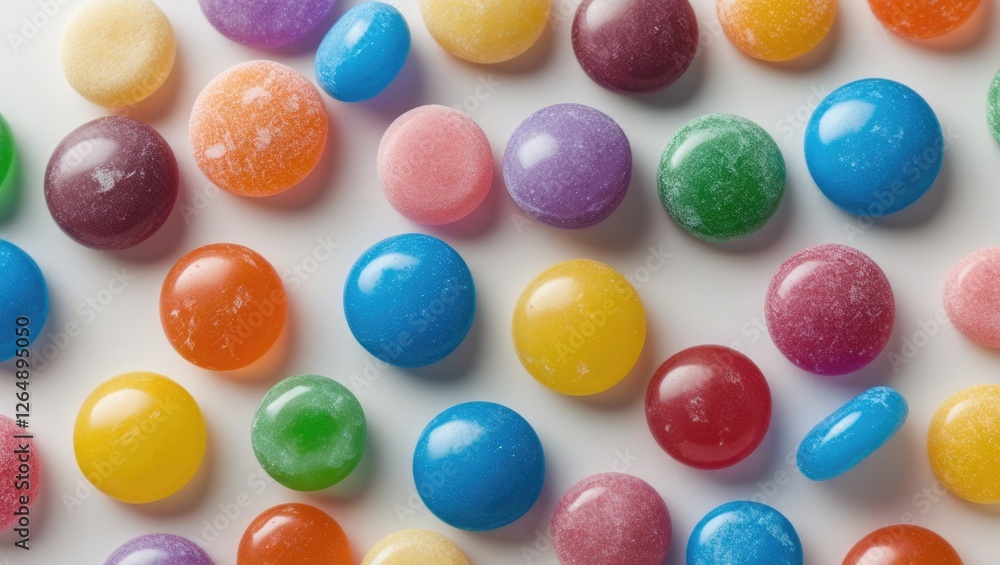 Poster colorful assortment of round candies on a white background with various flavors and textures copy sp