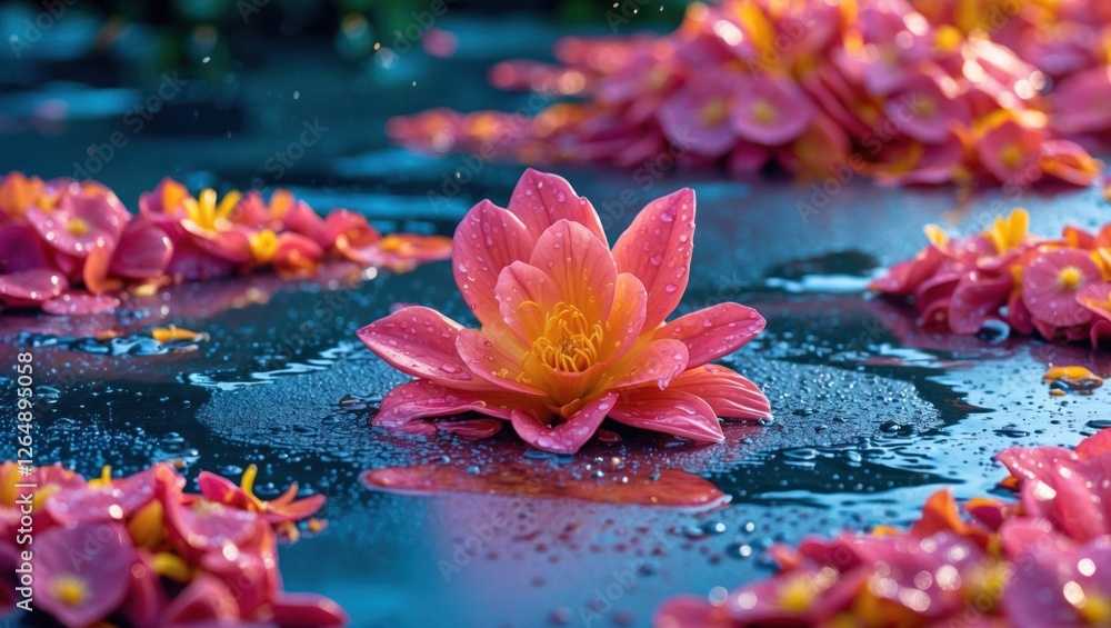 Poster pink water lilies floating on a pond with raindrops, surrounded by scattered petals and a serene wat
