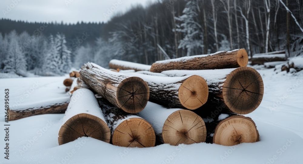 Poster Stacked logs covered in snow on a winter landscape with forest background and soft lighting, ideal for nature and environment themes. Copy Space