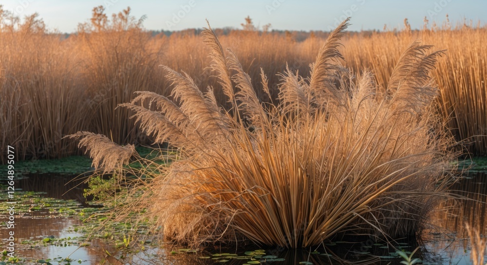 Poster golden marsh grass surrounded by water lilies in natural wetland environment with copy space for tex