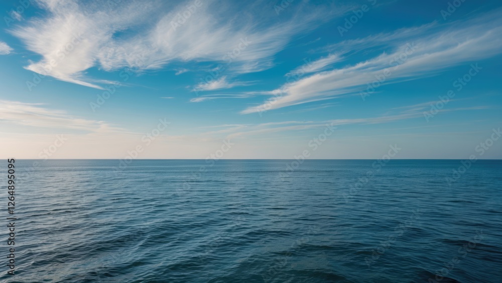 Poster calm ocean surface with gentle waves under a clear blue sky and scattered clouds suitable for backgr
