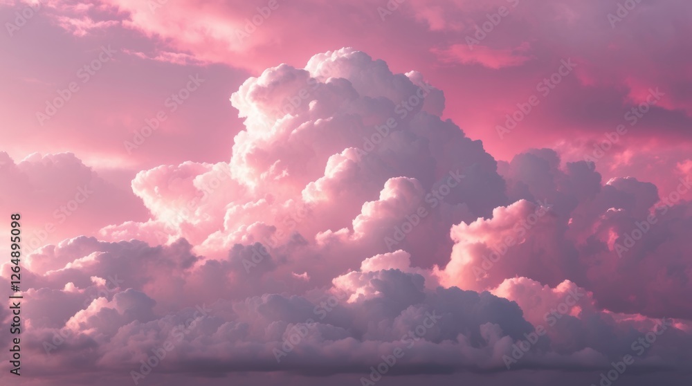Poster majestic soft pink clouds illuminated by sunlight during sunset against a pastel sky with ample copy