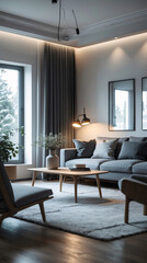 Neutral toned Scandinavian living room with a gray couch and minimalist design providing a calm and inviting home environment Modern Interior Design Inspiration