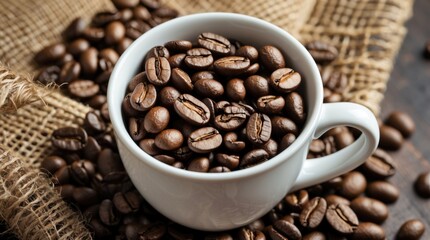 Fototapeta premium Coffee beans in a white cup with burlap texture background and scattered coffee beans around, Copy Space