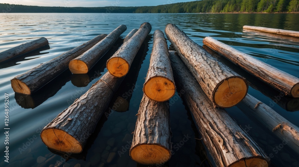 Aufkleber Logs floating on the surface of a calm lake surrounded by green forest reflections in the background with Copy Space