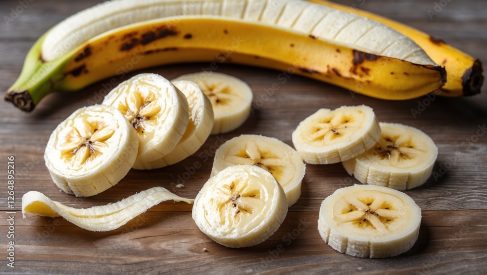 Poster fresh sliced bananas arranged on a wooden surface with a whole banana in the background showcasing t