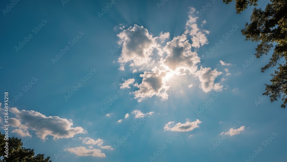 Poster Bright sun rays breaking through fluffy clouds in a clear blue sky with tree silhouettes on the edges and ample copy space for text.