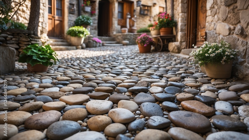 Poster cobblestone pathway in a quaint village with flower pots and stone building facades in soft daylight