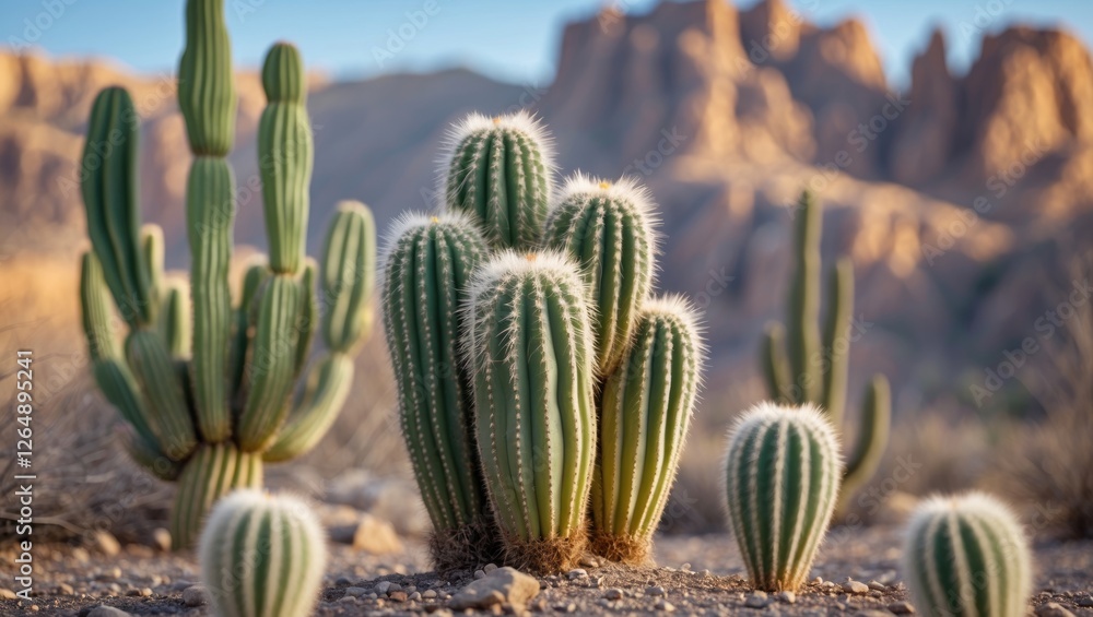 Poster group of cacti with spines in desert landscape during golden hour sunlight mountains in background c