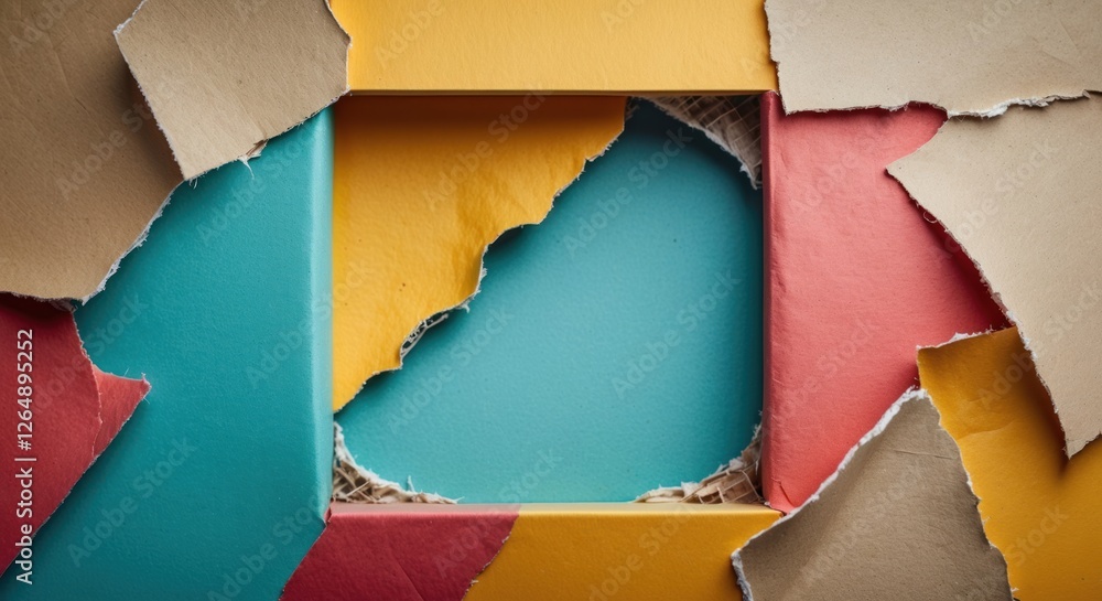 Poster Colorful torn paper with an empty frame revealing a turquoise background ideal for creative design with Copy Space.