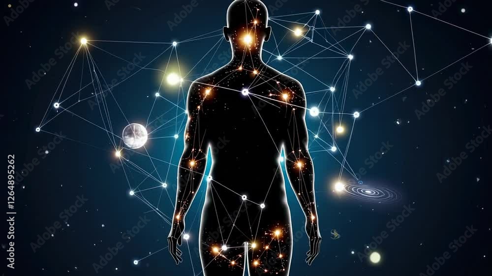 Poster human silhouette stands against backdrop of space, connected to planets and stars by network of line