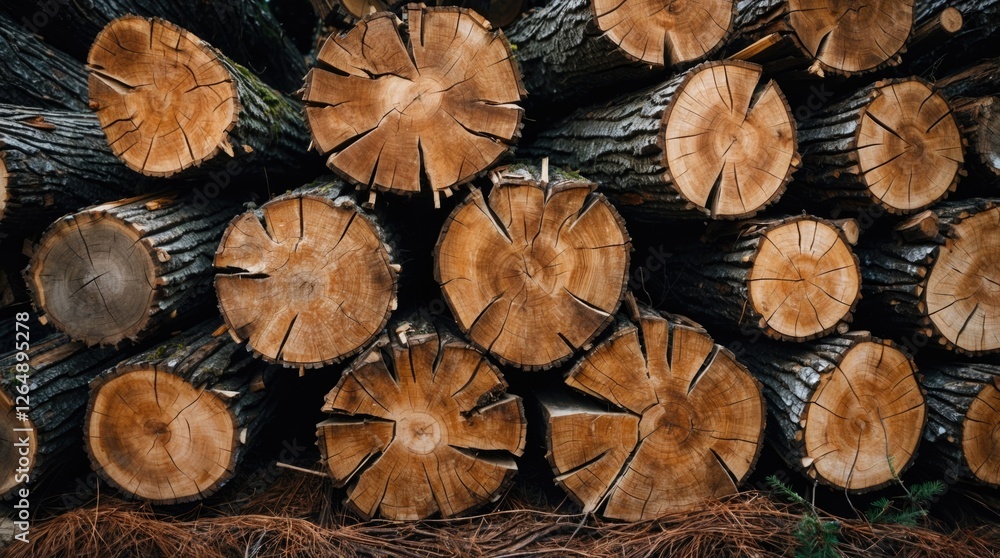 Poster stacked logs with visible tree rings and textures in natural setting, woodpile background with earth