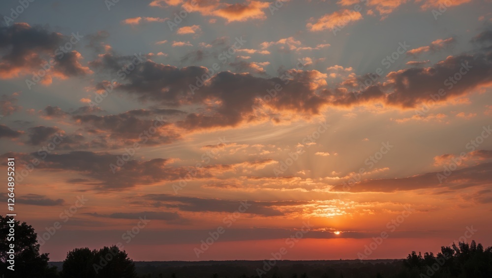 Aufkleber Scenic sunset view with colorful clouds and sun setting on the horizon Copy Space