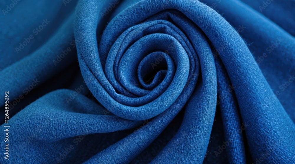 Poster blue fabric texture in spiral arrangement detailed close-up with fine threads and soft surface, copy