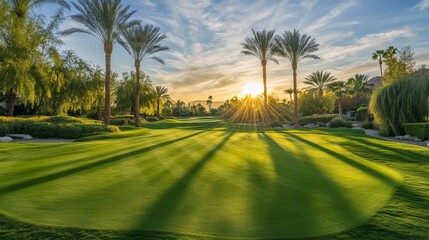 Luxury golf green vista, backlit palm trees, emerald putting surface, evening sunburst, perfect lawn texture, tropical course design, golden hour shadows, sport facility photography, serene