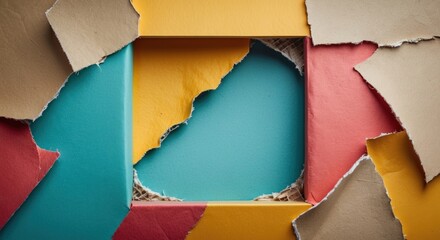 Colorful torn paper with an empty frame revealing a turquoise background ideal for creative design with Copy Space.
