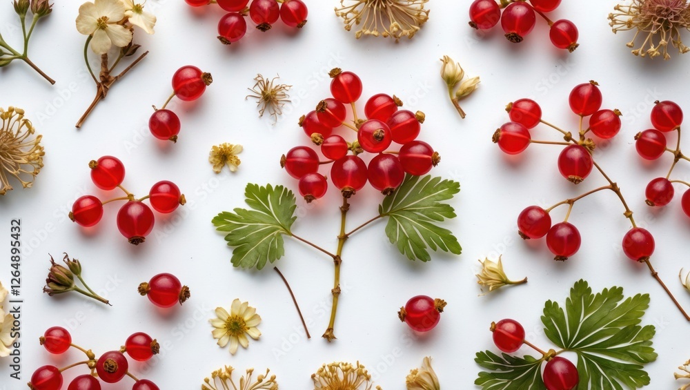 Poster red currants and assorted flowers arranged artistically on a white background with copy space for te