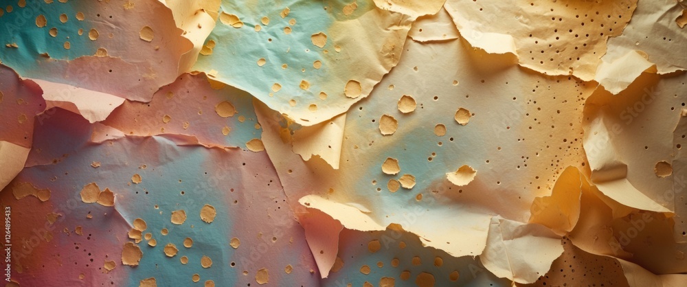Poster Colorful textured paper with holes layered over each other creating an artistic background design Copy Space