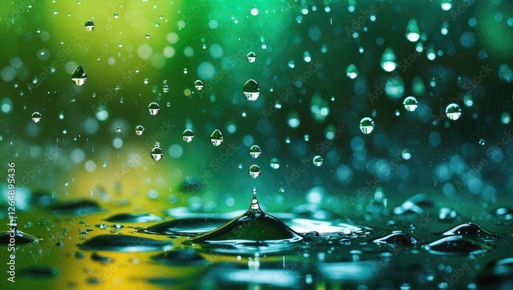 Poster close-up of water droplets on a surface with gradients of green and yellow blurred background copy s