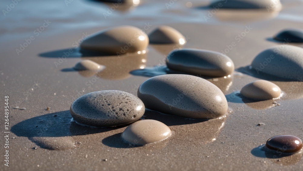 Poster smooth pebbles on wet sandy beach with soft shadows and reflections during low tide nature backgroun