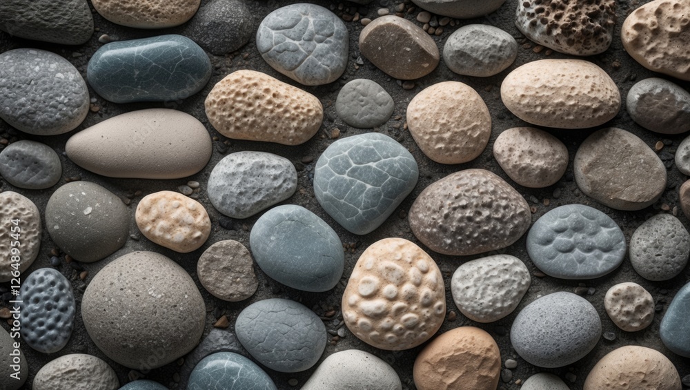 Poster Various textured and colored pebbles arranged on a surface Natural stone background with diverse shapes and sizes Copy Space
