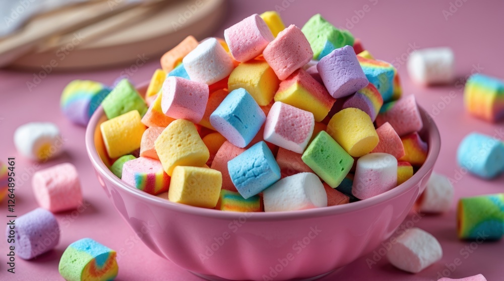 Poster colorful marshmallows in a pink bowl on a pink background with scattered marshmallows around, featur