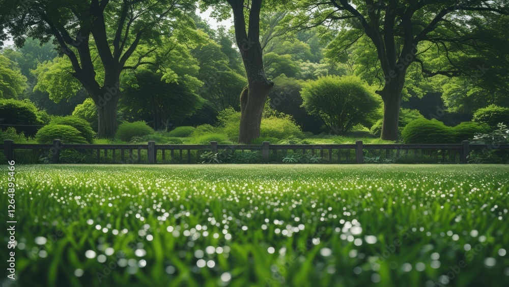 Poster Lush green lawn with dew drops and trees in background creating a tranquil scenic environment Copy Space