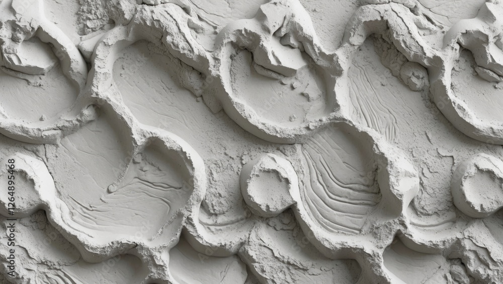 Poster textured surface of drywall or plaster with intricate swirls and patterns, neutral gray color, abstr