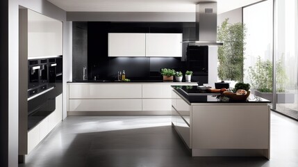A minimalist kitchen with a black-and-white color scheme, featuring high-end, energy-efficient appliances.