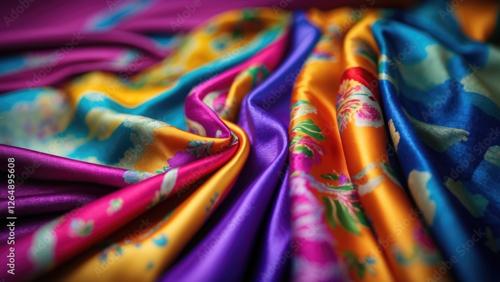 Poster vibrant multicolored silky fabric draped with floral patterns and smooth texture ideal for textile d
