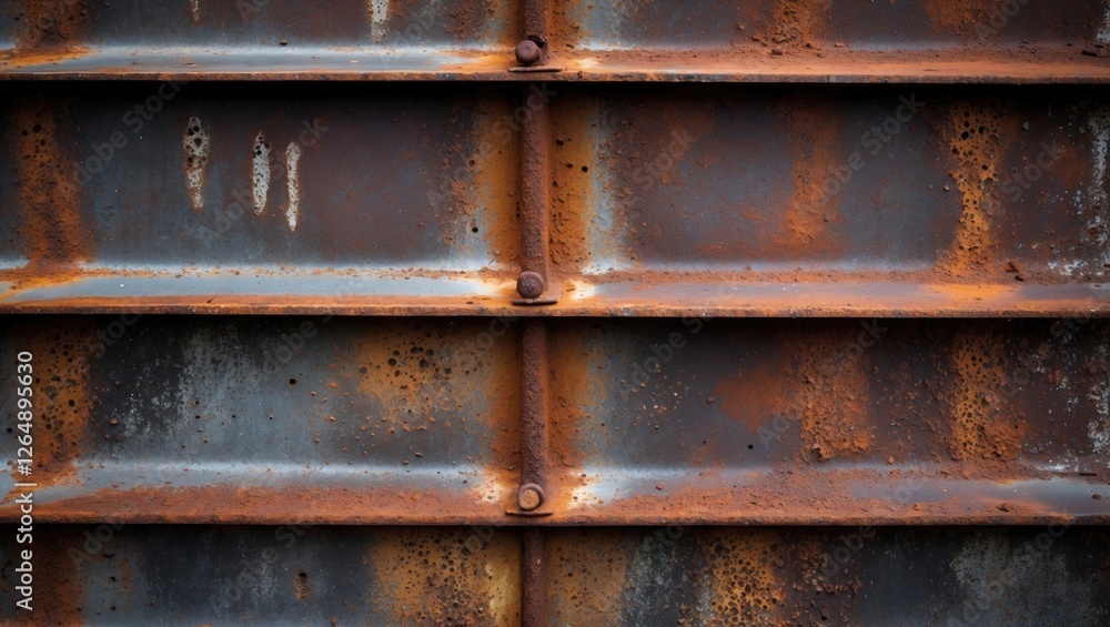 Poster Rusty metal surface with horizontal lines and bolts, showing texture and color variations, suitable for industrial backgrounds, Copy Space