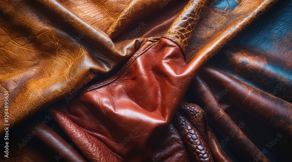 Poster Texture of assorted leather materials in warm tones laid out in a layered arrangement showing intricate details and patterns Copy Space