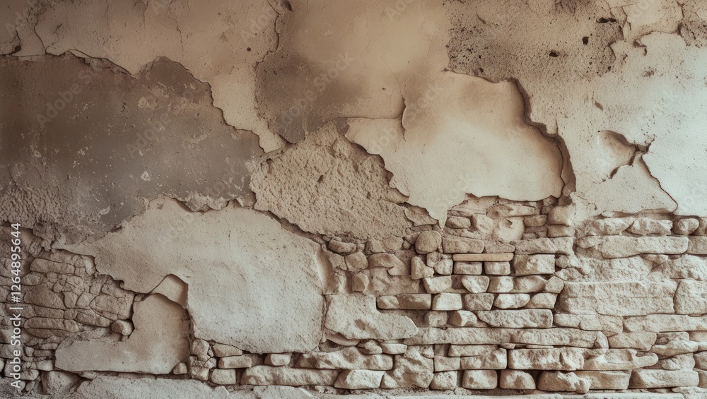 Aufkleber textured wall with peeling paint and exposed brick layers in neutral tones providing copy space for 