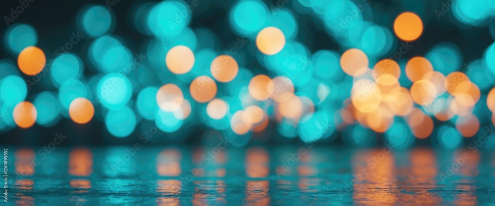 Poster Abstract blurred background with colored bokeh lights in blue and orange hues reflecting on a wet surface with Copy Space