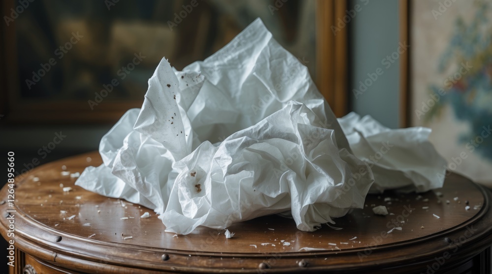Poster crumpled white paper on an antique wooden table with scattered remnants and a blurred background pro