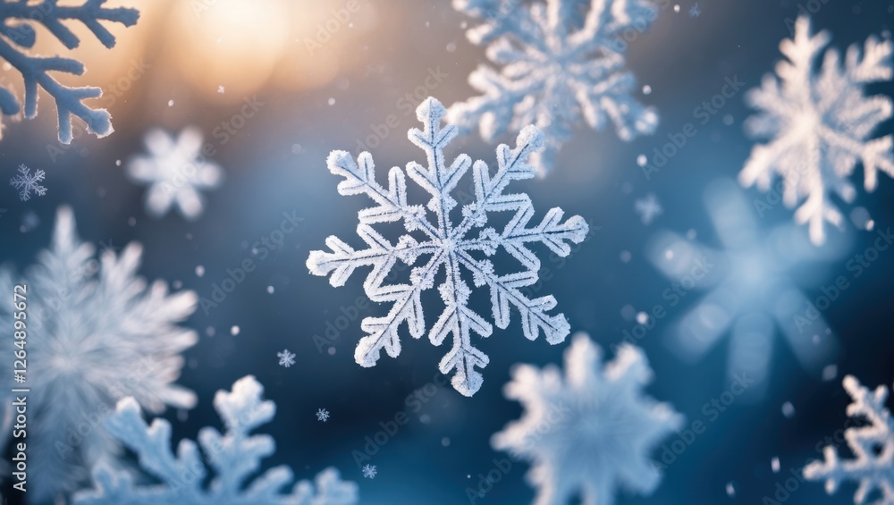 Poster close-up of falling snowflakes in winter scenery with blurred background and soft light effects, ide