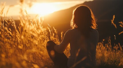 Meditation silhouette sunset, mountain backdrop, peaceful yoga pose, tall grass silhouettes, golden hour lighting, mindful practice scene, serene nature setting, warm atmospheric glow, wellness