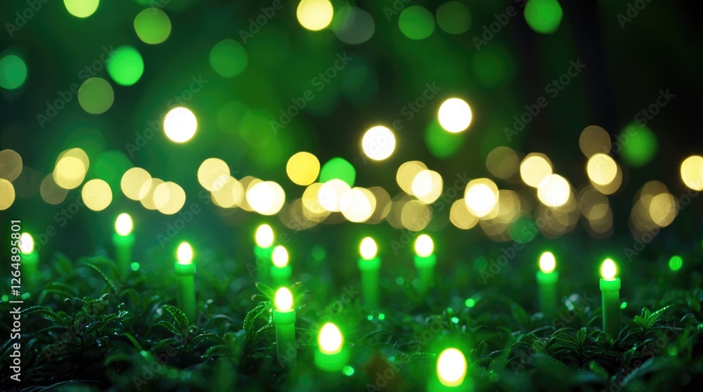Poster Green candles surrounded by soft bokeh lights in a lush garden setting with copy space for text in foreground.