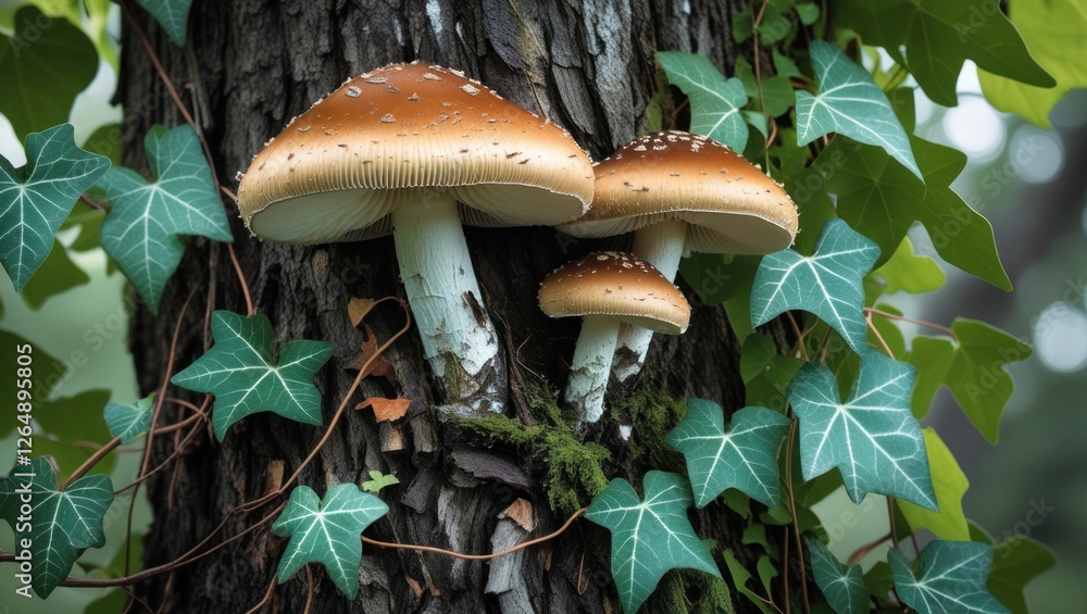Poster mushrooms growing on a tree trunk surrounded by green ivy leaves and moss in a natural forest settin